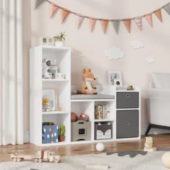 Kids Bookshelf, Children Bookcase With Soft Cushion Seat, Children Toy Storage Cubby, Kids Storage Cabinet For Playroom, Kids Room, Hallway
