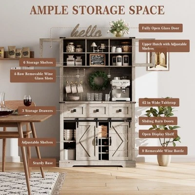 Farmhouse Coffee Bar Cabinet, 72" Tall Kitchen Hutch With 2 Sliding Barn Doors, 3 Drawers, Wine & Glass Rack, Pantry Storage Cabinets, Oak Grey 1 Farmhouse Coffee Bar Cabinet, 72" Tall Kitchen Hutch With 2 Sliding Barn Doors, 3 Drawers, Wine & Glass Rack, Pantry Storage Cabinets, Oak Grey