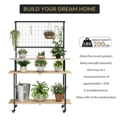 3 Tier Plant Stand With Wheels, Gridwall Display Stand With Gridwall Panels & Hanging Bar, Heavy Duty Metal Plant Shelf Rack For Home Garden