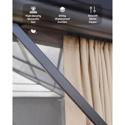 12'x16' Hardtop Gazebo, Outdoor Polycarbonate Double Roof Canopy, Aluminum Frame Pergola With Curtains And Netting For Garden, Patio, Lawns, Khaki 2 12'x16' Hardtop Gazebo, Outdoor Polycarbonate Double Roof Canopy, Aluminum Frame Pergola With Curtains And Netting For Garden, Patio, Lawns, Khaki - Image 2