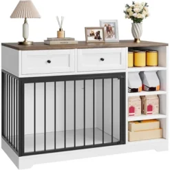 Dog Crate, Wooden Dog Kennel End Table With 2 Drawers And 4 Open Storage Shelves, Removable Bowls 17 Dog Crate, Wooden Dog Kennel End Table With 2 Drawers And 4 Open Storage Shelves, Removable Bowls -The Range Shop GUEST 621df9a8 7676 4b2c 87cb 9a3818ad3a04