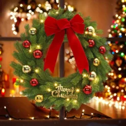 24 Inch Christmas Wreath With Red Bow & Balls, Artificial Pine Greenery Wreath For Home Fireplace Wall Window Porch Entryway -The Range Shop GUEST 63fe82e1 f505 4ace 947b e7bc39a835ba