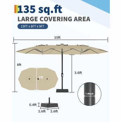 15FT Large Patio Umbrella With Base Included, Oversized Shade For 2-8 People, Double-Sided Rectangle Umbrella, Weighted Base For Pool, Deck, Backyard 2 15FT Large Patio Umbrella With Base Included, Oversized Shade For 2-8 People, Double-Sided Rectangle Umbrella, Weighted Base For Pool, Deck, Backyard - Image 2