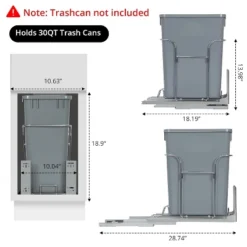 Undercabinet Trash System: 30L/35L Pull-Out Drawers W/Door Kits & Dampers | Fits 10-12" Cabinets | Steel | Silver (No Bins Included)