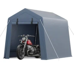 6x6 FT Outdoor Storage Shed With Roll-Up Zipper Door & Mesh Window, Heavy Duty Motorcycle Shed, Portable Carport For Bike Firewood Tools, Grey