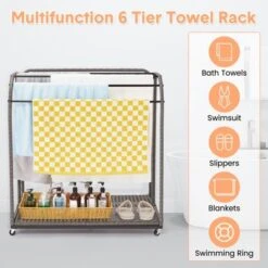 Outdoor Pool Towel Rack, 5 Bar Pool Towel Stand With Rattan Base, Towel Freestanding Rack For Poolside, Patio, Bathroom, Clothing Drying Rack -The Range Shop GUEST 6fede9f7 6dfc 4897 9298 941e79af796d