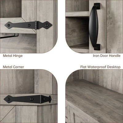 Farmhouse Coffee Bar Cabinet, 72" Tall Kitchen Hutch With 2 Sliding Barn Doors, 3 Drawers, Wine & Glass Rack, Pantry Storage Cabinets, Oak Grey 2 Farmhouse Coffee Bar Cabinet, 72" Tall Kitchen Hutch With 2 Sliding Barn Doors, 3 Drawers, Wine & Glass Rack, Pantry Storage Cabinets, Oak Grey - Image 2