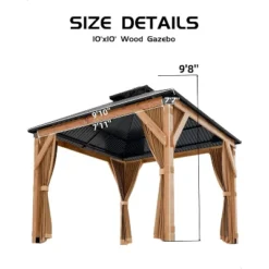 10x10 FT Hardtop Wood Gazebo For All Weather, Double Metal Roof, Wooden Frame, Net, And Curtain, For Patio, Deck, Backyard, Lawn, And Garden, Khaki