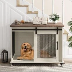 37 Inch Dog Crate Furniture, Indoor Dog Cage With Sliding Barn Door, Flip Top Dog Kennel End Table With Removable Divider -The Range Shop GUEST 762b615a 50d7 4851 aa1e ee4f981a93b9