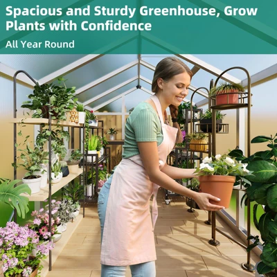 6x8 FT Greenhouses For Outdoors, Heavy Duty Aluminum Green House With Polycarbonate Roof, Sliding Door, Adjustable Vent For Garden, Backyard, Natural 4 6x8 FT Greenhouses For Outdoors, Heavy Duty Aluminum Green House With Polycarbonate Roof, Sliding Door, Adjustable Vent For Garden, Backyard, Natural - Image 4