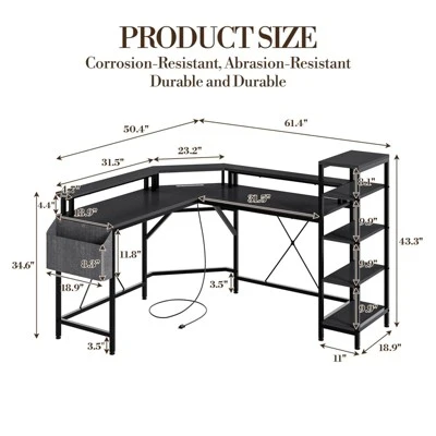 61" L Shaped Gaming Desk, With Monitor Stand, L-Shaped Corner Computer Desks, Built-in LED Lights And Side Storage Pockets, For Small Spaces 6 61" L Shaped Gaming Desk, With Monitor Stand, L-Shaped Corner Computer Desks, Built-in LED Lights And Side Storage Pockets, For Small Spaces - Image 6