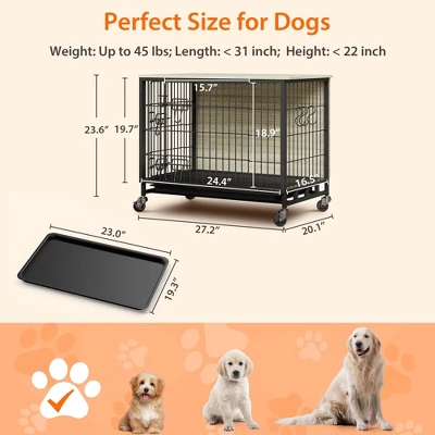 27.2" Modern Double Door Wooden Dog Kennel For Indoor Use With Removable Tray And Mobility Wheels 2 27.2" Modern Double Door Wooden Dog Kennel For Indoor Use With Removable Tray And Mobility Wheels - Image 2