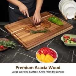 Large Acacia Wood Cutting Board, 20x15 Inch, Wooden Charcuterie Boards Butcher Block With Deep Juice Grooves & Recessed Handle For Kitchen, 2 Pack