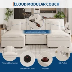 108 Inch Chenille Modular U Shaped Cloud Couch, 3-Seater Sofas With Movable Ottoman And Cup Holder, Sectional Couches For Living Room -The Range Shop GUEST 83b36737 99a3 415e 9df3 30bb4f92721c