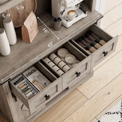 Farmhouse Coffee Bar Cabinet, 72" Tall Kitchen Hutch With 2 Sliding Barn Doors, 3 Drawers, Wine & Glass Rack, Pantry Storage Cabinets, Oak Grey 3 Farmhouse Coffee Bar Cabinet, 72" Tall Kitchen Hutch With 2 Sliding Barn Doors, 3 Drawers, Wine & Glass Rack, Pantry Storage Cabinets, Oak Grey - Image 3