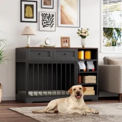 Dog Crate, Wooden Dog Kennel End Table With 2 Drawers And 4 Open Storage Shelves, Removable Bowls 11 Dog Crate, Wooden Dog Kennel End Table With 2 Drawers And 4 Open Storage Shelves, Removable Bowls -The Range Shop GUEST 8a0df19a dc81 4508 82d8 58e4269e5ff9