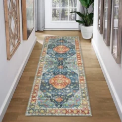 Wasshable Vintage Distressed Floral Print Living Room Bedroom Area Rug, Chenille Non Slip Floor Carpet For Dining Room Home Office