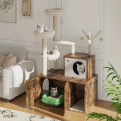 Litter Box Enclosure With Cat Tree Tower & Condo - Hidden Pet Washroom With Sisal Scratching Post, Hammocks, Condo, Multi Platform, Soft Plush Perch -The Range Shop GUEST 8de511fb 7911 4e0f af82 50d2a1b57891