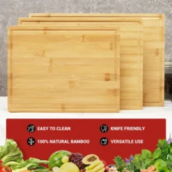 Bamboo Cutting Board Set Of 3, Chopping Board Set With Holder, Deep Juice Grooves, Inner Handles -The Range Shop GUEST 95139046 83aa 496c a23e f0492a923b08