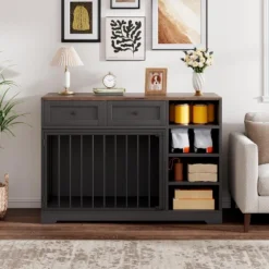 Dog Crate, Wooden Dog Kennel End Table With 2 Drawers And 4 Open Storage Shelves, Removable Bowls 12 Dog Crate, Wooden Dog Kennel End Table With 2 Drawers And 4 Open Storage Shelves, Removable Bowls -The Range Shop GUEST a1a57cd7 025a 4fd8 bf03 69b1cfeb91fb