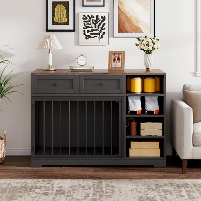 Dog Crate, Wooden Dog Kennel End Table With 2 Drawers And 4 Open Storage Shelves, Removable Bowls 4 Dog Crate, Wooden Dog Kennel End Table With 2 Drawers And 4 Open Storage Shelves, Removable Bowls - Image 4