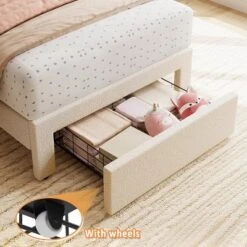 Twin Bed Frame With Under-Bed Drawer Storage – Velvet/Boucle Upholstered Wave Headboard For Girls, Wood Slat Support (No Box Spring), White/Pink -The Range Shop GUEST a6003480 d6e1 407b b698 255bc710dd30