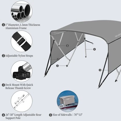 4 Bow Bimini Tops For Boat, Boat Canopy With Zippered Side Curtains, Marine Grade Canvas & PU-Coated Fabric, Include 2 Straps, 2 Rear Support Pole 3 4 Bow Bimini Tops For Boat, Boat Canopy With Zippered Side Curtains, Marine Grade Canvas & PU-Coated Fabric, Include 2 Straps, 2 Rear Support Pole - Image 3