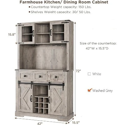Farmhouse Coffee Bar Cabinet, 72" Tall Kitchen Hutch With 2 Sliding Barn Doors, 3 Drawers, Wine & Glass Rack, Pantry Storage Cabinets, Oak Grey 7 Farmhouse Coffee Bar Cabinet, 72" Tall Kitchen Hutch With 2 Sliding Barn Doors, 3 Drawers, Wine & Glass Rack, Pantry Storage Cabinets, Oak Grey - Image 7
