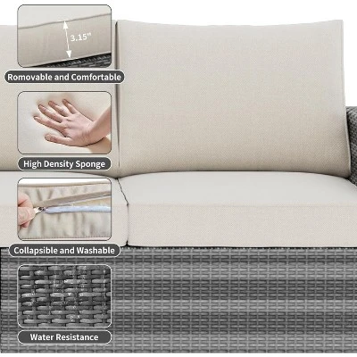 Outdoor Wicker Patio Furniture Sectional Set, Glass Top Table With Hidden Storage, Includes 7 Seating Components, Natural Rattan With Cushions 6 Outdoor Wicker Patio Furniture Sectional Set, Glass Top Table With Hidden Storage, Includes 7 Seating Components, Natural Rattan With Cushions - Image 6