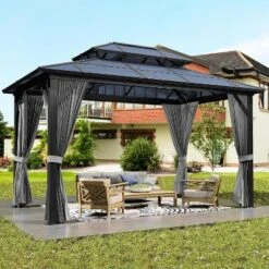 10x13 FT Outdoor Gazebo With Polycarbonate Double Roof, Aluminum Frame Pergola With Curtains And Netting For Patio, Garden, Patio, Lawns, Khaki -The Range Shop GUEST ac73856e 84ff 4400 95c8 e656d7f58148