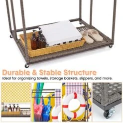 Outdoor Pool Towel Rack With Rattan Base, Freestanding Clothing Rack With Lockable Swivel Wheels, Storage Organizer For Floats, Pool, Swimming -The Range Shop GUEST aeed9480 490a 4432 8799 1e16f25fd5c5