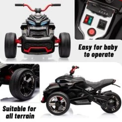 12V 3 Wheeler Ride On ATV Electric Motorcycle, W/Led Lights, High & Low Speed, Horn, Music, USB, Treaded Tires, For Kids Gift