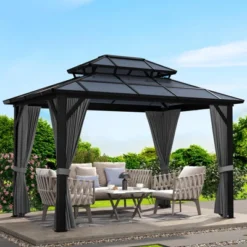 10x13 FT Outdoor Gazebo With Polycarbonate Double Roof, Aluminum Frame Pergola With Curtains And Netting For Patio, Garden, Patio, Lawns, Khaki -The Range Shop GUEST af580941 d169 4b97 82dc 6c44b0f2ece2