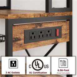 Bakers Rack With Power Outlets & Hooks, Industrial Microwave Stand With Storage, Slim Coffee Bar Station Kitchen Shelves For Small Spaces