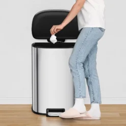 Hands-Free Trash Can, 13 Gallons Stainless Steel Garbage Can With Foot Pedal And Inner Bucket, Semi-Circular Heavy Duty Kitchen Trash Bin, Silver