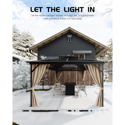 12'x16' Hardtop Gazebo, Outdoor Polycarbonate Double Roof Canopy, Aluminum Frame Pergola With Curtains And Netting For Garden, Patio, Lawns, Khaki 1 12'x16' Hardtop Gazebo, Outdoor Polycarbonate Double Roof Canopy, Aluminum Frame Pergola With Curtains And Netting For Garden, Patio, Lawns, Khaki
