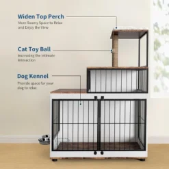 Dog Crate Furniture With Stairs, Wooden Dog Kennel Indoor With Double Doors, Cat Tree