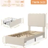 Twin Bed Frame With Under-Bed Drawer Storage – Velvet/Boucle Upholstered Wave Headboard For Girls, Wood Slat Support (No Box Spring), White/Pink