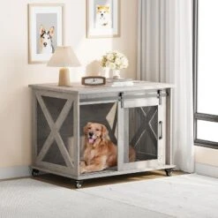 37 Inch Dog Crate Furniture, Indoor Dog Cage With Sliding Barn Door, Flip Top Dog Kennel End Table With Removable Divider -The Range Shop GUEST bccd87e5 41d4 4688 ae1d aabf2c026b3a