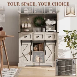 Farmhouse Coffee Bar Cabinet, 72" Tall Kitchen Hutch With 2 Sliding Barn Doors, 3 Drawers, Wine & Glass Rack, Pantry Storage Cabinets, Oak Grey 11 Farmhouse Coffee Bar Cabinet, 72" Tall Kitchen Hutch With 2 Sliding Barn Doors, 3 Drawers, Wine & Glass Rack, Pantry Storage Cabinets, Oak Grey -The Range Shop GUEST bf775f2d 8ef3 4fe5 93bb fe4274dc0c57