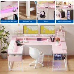 U Shaped Gaming Desk, Reversible Shaped Large Computer Desk With Monitor Stand, Large Corner Office Desk Storage Bag And Hooks, Pink 10 U Shaped Gaming Desk, Reversible Shaped Large Computer Desk With Monitor Stand, Large Corner Office Desk Storage Bag And Hooks, Pink -The Range Shop GUEST bff28294 2f1b 4b81 ad64 de7025b5a1fc