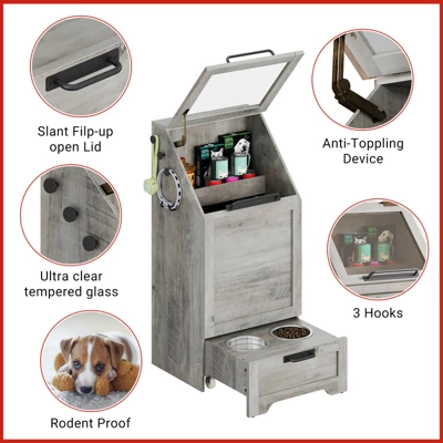 Top Opening Dog Feeding Station, Wooden Dog Food Storage Cabinet With 2 Elevated Dog Bowls, 3 Hooks, Hidden Design, Large Pet Food Storage 2 Top Opening Dog Feeding Station, Wooden Dog Food Storage Cabinet With 2 Elevated Dog Bowls, 3 Hooks, Hidden Design, Large Pet Food Storage - Image 2