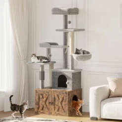 Cat Tree With Litter Box Enclosure - Hidden Cat Washroom, Indoor Kitten House With Scratching Posts, Multi Platform And Condo, Cat Tower, Hammock -The Range Shop GUEST c043ac1c 20b1 4a94 9a78 a30e9ded41bc