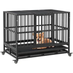 Heavy Duty Indestructible Dog Crate Steel Escape Proof, Indoor Dog House High Anxiety Cage, Kennel With Wheels, Removable Tray