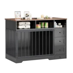 48'' High Quality Wood Dog Crate Furniture With Bowl & Storage Drawers For Small Medium, Black