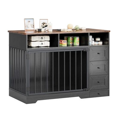 48'' High Quality Wood Dog Crate Furniture With Bowl & Storage Drawers For Small Medium, Black 1 48'' High Quality Wood Dog Crate Furniture With Bowl & Storage Drawers For Small Medium, Black