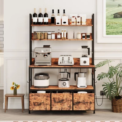 5-Tier Kitchen Bakers Rack With Charging Station & Drawers, Utility Shelves With Hooks For Kitchen, Independent Baker's Rack For Dining Room, Office 6 5-Tier Kitchen Bakers Rack With Charging Station & Drawers, Utility Shelves With Hooks For Kitchen, Independent Baker's Rack For Dining Room, Office - Image 6