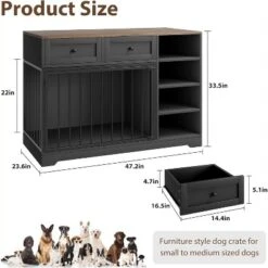 Dog Crate, Wooden Dog Kennel End Table With 2 Drawers And 4 Open Storage Shelves, Removable Bowls
