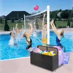 Outdoor PE Rattan Poolside Float Storage Box With Rolling Wheels, Weather-Resistant Patio & Beach Organizer For Pool Accessories