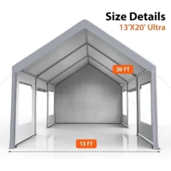 13 X 20 FT Metal Carport, With Side-Opening Door & Roll-Up Windows, All-Inclusive Metal Carport, Outdoor Portable Garage Shelters Tents, Grey